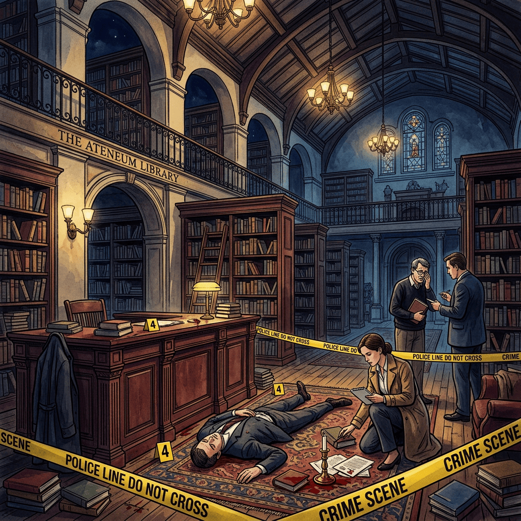 Crime scene investigation in The Ateneum Library with body and investigators